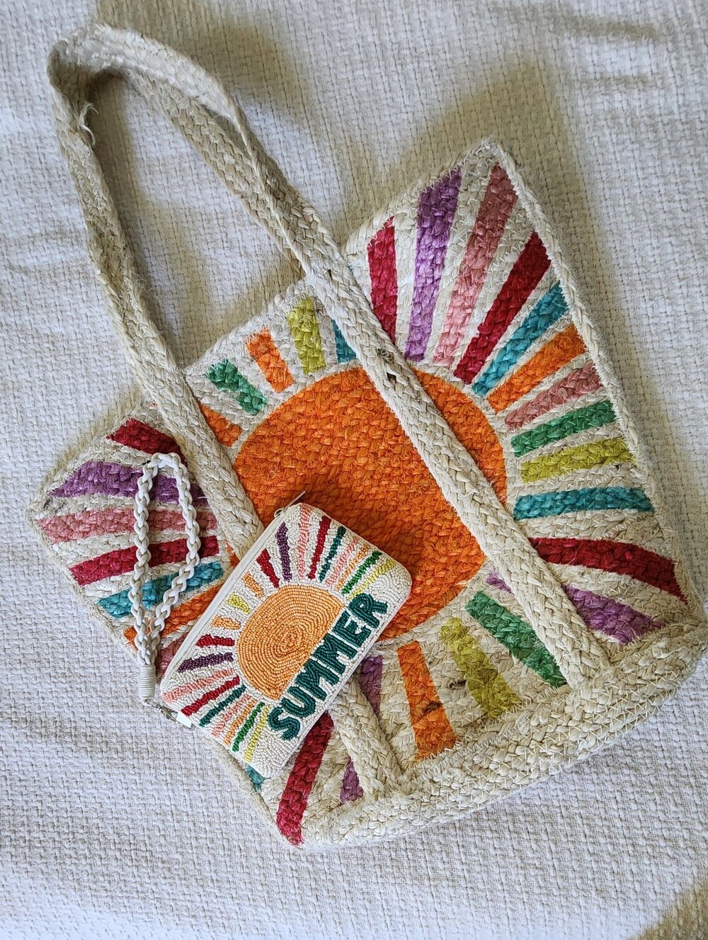 NWT Summer Colorful Sun Woven Raffia Beach Tote And Matching Beaded Wristlet